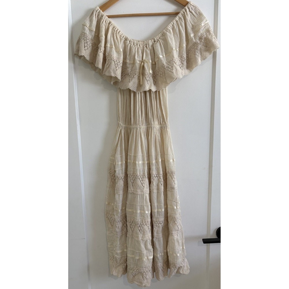 Vtg 70s Mexican Wedding Dress Off Shoulder Gauze Lace Tiered Peasant Boho XS SM